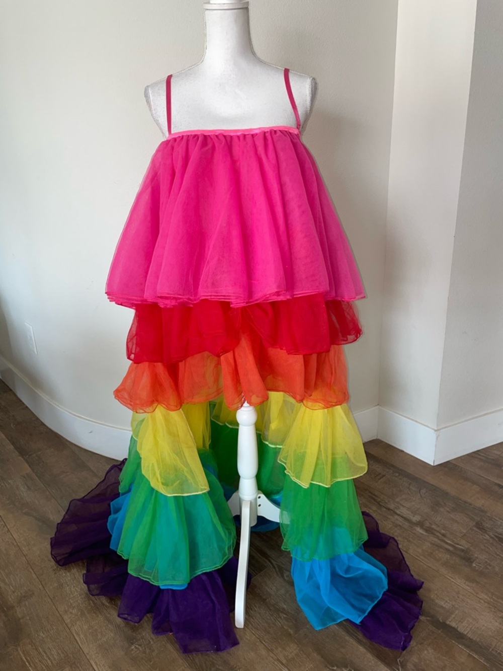 Rainbow Tulle High Low Train Maxi Dress